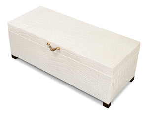 Sarreid Lyle Leather Box Pearl - Elegant Croco Embossed Design With Gold Hinged Lid & Sturdy Wood Base Ivory  54012-2