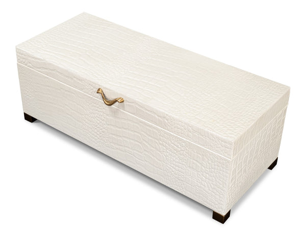 Sarreid Lyle Leather Box Pearl - Elegant Croco Embossed Design With Gold Hinged Lid & Sturdy Wood Base Ivory  54012-2