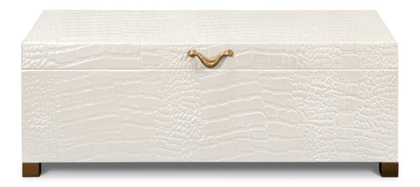 Sarreid Lyle Leather Box Pearl - Elegant Croco Embossed Design With Gold Hinged Lid & Sturdy Wood Base Ivory  54012-2