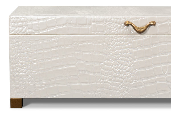 Sarreid Lyle Leather Box Pearl - Elegant Croco Embossed Design With Gold Hinged Lid & Sturdy Wood Base Ivory  54012-2