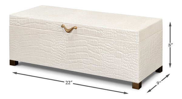 Sarreid Lyle Leather Box Pearl - Elegant Croco Embossed Design With Gold Hinged Lid & Sturdy Wood Base Ivory  54012-2