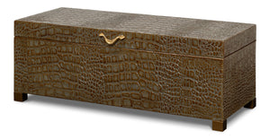 Sarreid Lyle Antique Green Leather Box - Croco Embossed Design With Gold Hinged Lid & Elegant Legs Green  54012-3