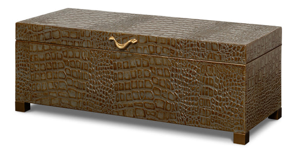 Sarreid Lyle Antique Green Leather Box - Croco Embossed Design With Gold Hinged Lid & Elegant Legs Green  54012-3