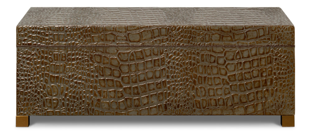 Sarreid Lyle Antique Green Leather Box - Croco Embossed Design With Gold Hinged Lid & Elegant Legs Green  54012-3