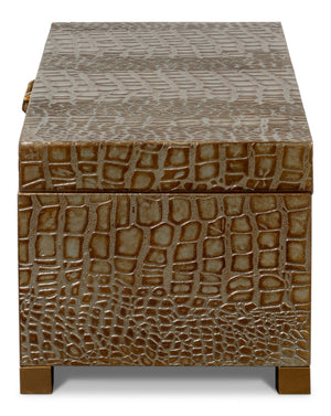 Sarreid Lyle Antique Green Leather Box - Croco Embossed Design With Gold Hinged Lid & Elegant Legs Green  54012-3