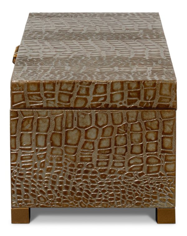 Sarreid Lyle Antique Green Leather Box - Croco Embossed Design With Gold Hinged Lid & Elegant Legs Green  54012-3