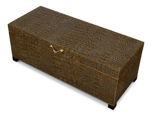 Sarreid Lyle Antique Green Leather Box - Croco Embossed Design With Gold Hinged Lid & Elegant Legs Green  54012-3