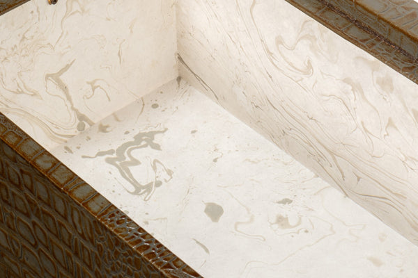 Sarreid Lyle Antique Green Leather Box - Croco Embossed Design With Gold Hinged Lid & Elegant Legs Green  54012-3