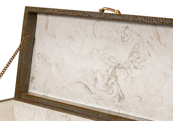 Sarreid Lyle Antique Green Leather Box - Croco Embossed Design With Gold Hinged Lid & Elegant Legs Green  54012-3