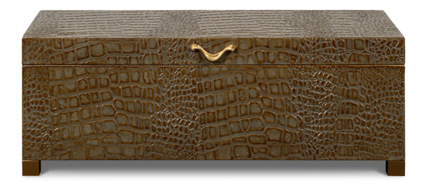 Sarreid Lyle Antique Green Leather Box - Croco Embossed Design With Gold Hinged Lid & Elegant Legs Green  54012-3
