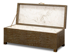 Sarreid Lyle Antique Green Leather Box - Croco Embossed Design With Gold Hinged Lid & Elegant Legs Green  54012-3