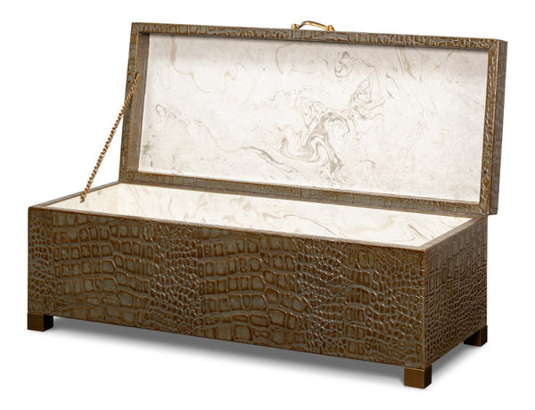 Sarreid Lyle Antique Green Leather Box - Croco Embossed Design With Gold Hinged Lid & Elegant Legs Green  54012-3