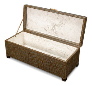 Sarreid Lyle Antique Green Leather Box - Croco Embossed Design With Gold Hinged Lid & Elegant Legs Green  54012-3