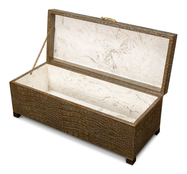 Sarreid Lyle Antique Green Leather Box - Croco Embossed Design With Gold Hinged Lid & Elegant Legs Green  54012-3