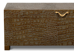 Sarreid Lyle Antique Green Leather Box - Croco Embossed Design With Gold Hinged Lid & Elegant Legs Green  54012-3