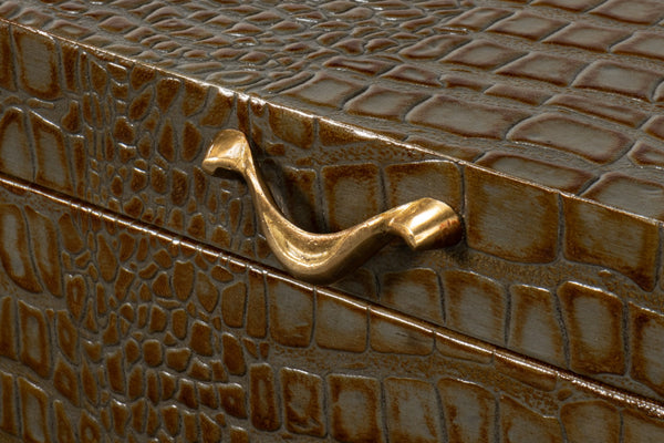 Sarreid Lyle Antique Green Leather Box - Croco Embossed Design With Gold Hinged Lid & Elegant Legs Green  54012-3