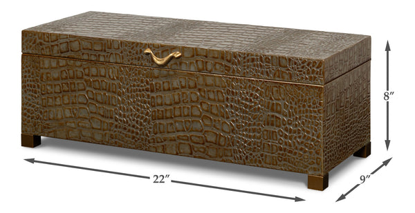 Sarreid Lyle Antique Green Leather Box - Croco Embossed Design With Gold Hinged Lid & Elegant Legs Green  54012-3