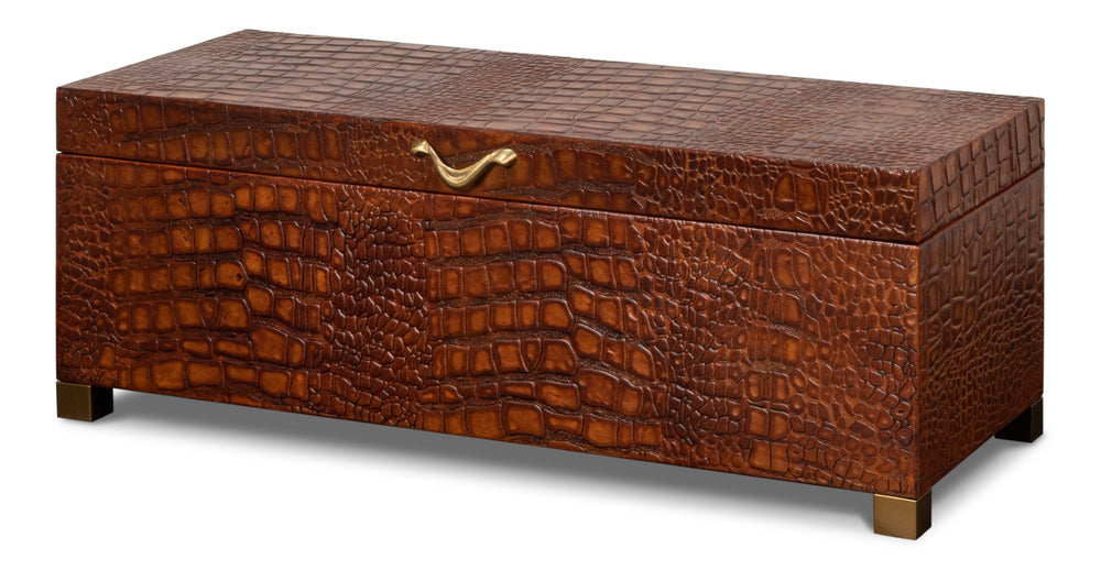 Sarreid Lyle Leather Box Tan - Elegant Croco Embossed Design With Gold Hinged Lid & Stylish Legs Brown  54012-4