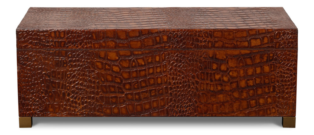 Sarreid Lyle Leather Box Tan - Elegant Croco Embossed Design With Gold Hinged Lid & Stylish Legs Brown  54012-4