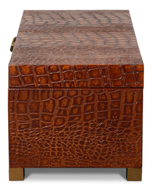Sarreid Lyle Leather Box Tan - Elegant Croco Embossed Design With Gold Hinged Lid & Stylish Legs Brown  54012-4