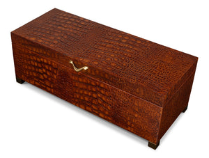 Sarreid Lyle Leather Box Tan - Elegant Croco Embossed Design With Gold Hinged Lid & Stylish Legs Brown  54012-4