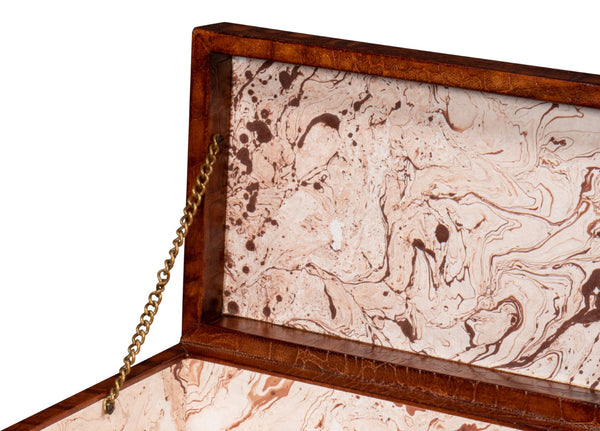 Sarreid Lyle Leather Box Tan - Elegant Croco Embossed Design With Gold Hinged Lid & Stylish Legs Brown  54012-4