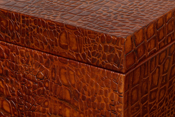 Sarreid Lyle Leather Box Tan - Elegant Croco Embossed Design With Gold Hinged Lid & Stylish Legs Brown  54012-4