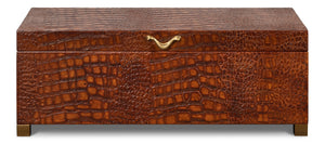 Sarreid Lyle Leather Box Tan - Elegant Croco Embossed Design With Gold Hinged Lid & Stylish Legs Brown  54012-4