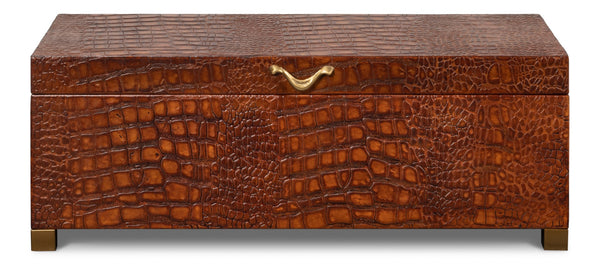Sarreid Lyle Leather Box Tan - Elegant Croco Embossed Design With Gold Hinged Lid & Stylish Legs Brown  54012-4