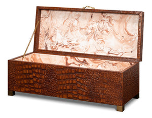 Sarreid Lyle Leather Box Tan - Elegant Croco Embossed Design With Gold Hinged Lid & Stylish Legs Brown  54012-4
