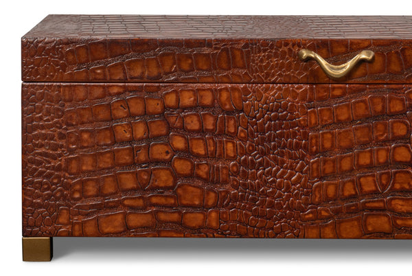 Sarreid Lyle Leather Box Tan - Elegant Croco Embossed Design With Gold Hinged Lid & Stylish Legs Brown  54012-4