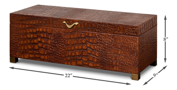 Sarreid Lyle Leather Box Tan - Elegant Croco Embossed Design With Gold Hinged Lid & Stylish Legs Brown  54012-4