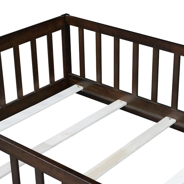 English Elm Twin Solid Rubberwood Floor Bed with Full Perimeter Safety Rails for Toddler Rooms Espresso W504P296781