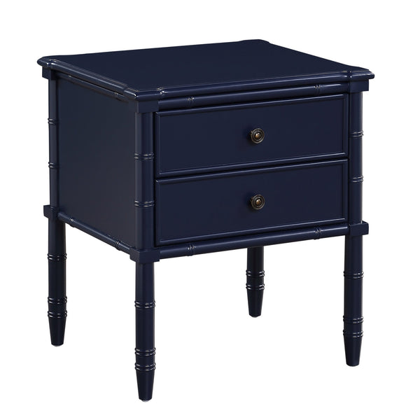 English Elm Emmett carved bamboo nightstand with 2 full‑extension drawers, brass knobs and floor‑protecting glides Dark Blue B050P376941