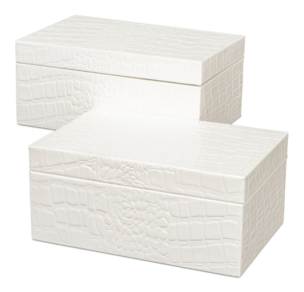 Sarreid Candece Antique Pearl Leather Boxes S/2 – Elegant Croco Embossed Design For Stylish Storage Solutions Ivory  54013-2