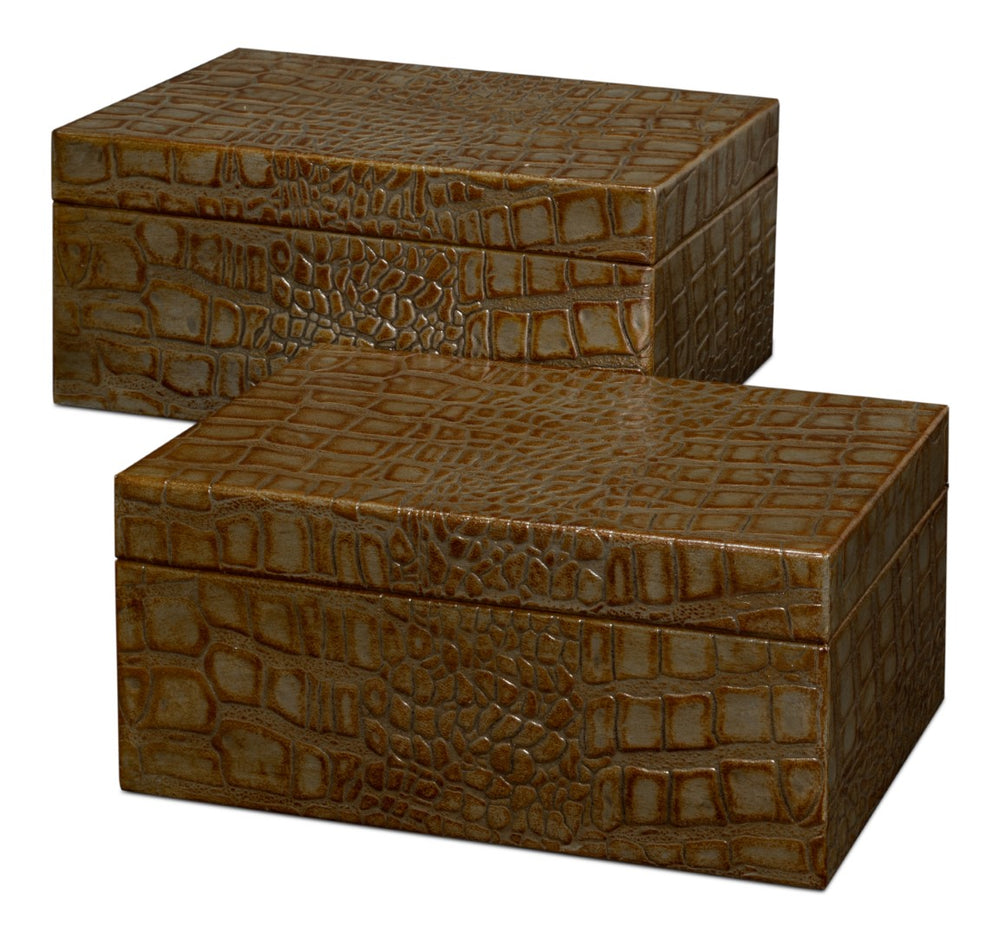 Sarreid Candece Leather Box Set Of 2 - Antique Green Croco Embossed Over Wood For Chic Storage Solutions Green  54013-3