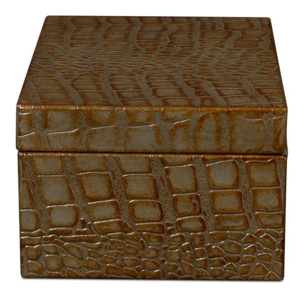 Sarreid Candece Leather Box Set Of 2 - Antique Green Croco Embossed Over Wood For Chic Storage Solutions Green  54013-3
