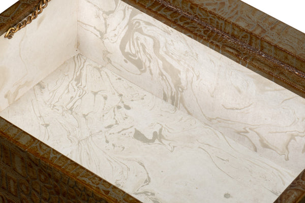 Sarreid Candece Leather Box Set Of 2 - Antique Green Croco Embossed Over Wood For Chic Storage Solutions Green  54013-3