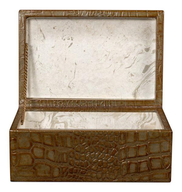 Sarreid Candece Leather Box Set Of 2 - Antique Green Croco Embossed Over Wood For Chic Storage Solutions Green  54013-3