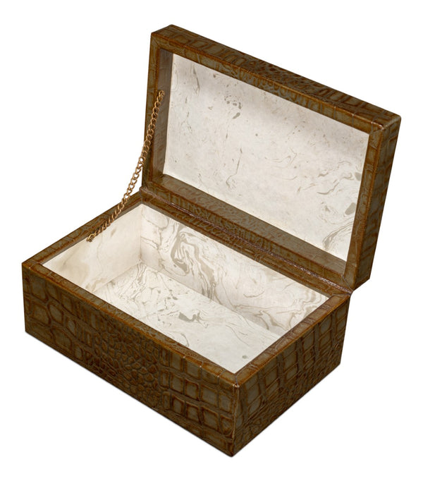 Sarreid Candece Leather Box Set Of 2 - Antique Green Croco Embossed Over Wood For Chic Storage Solutions Green  54013-3