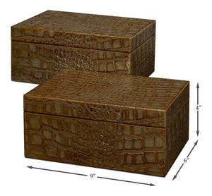 Sarreid Candece Leather Box Set Of 2 - Antique Green Croco Embossed Over Wood For Chic Storage Solutions Green  54013-3