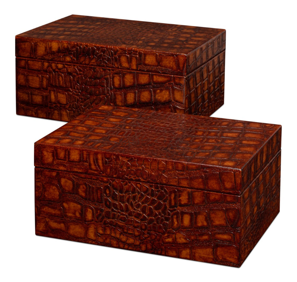Sarreid Candece Leather Box Set Of 2 - Luxurious Croco Embossed Tan Tessoro Leather With Elegant Finish Brown  54013-4