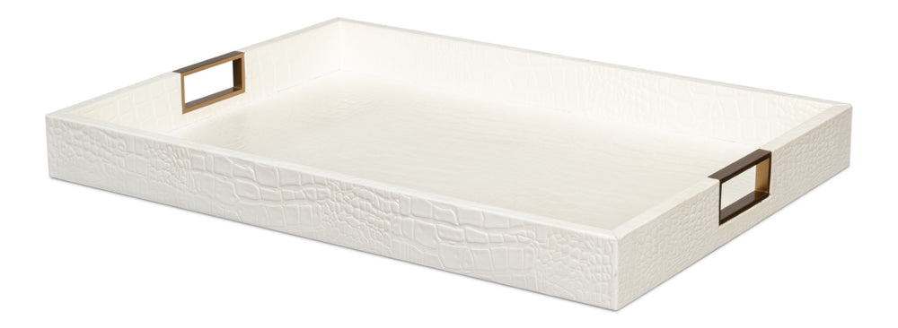 Sarreid Norton Croco Leather Tray In Elegant Pearl Finish - Stylish Wood, Brass, And Steel Accents Ivory  54014-2