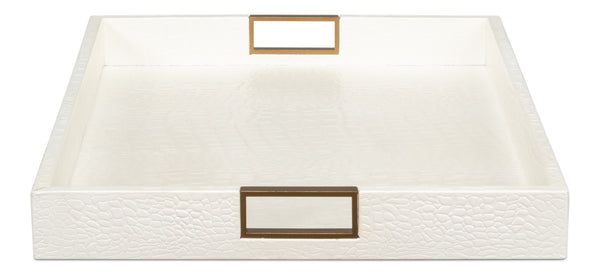 Sarreid Norton Croco Leather Tray In Elegant Pearl Finish - Stylish Wood, Brass, And Steel Accents Ivory  54014-2