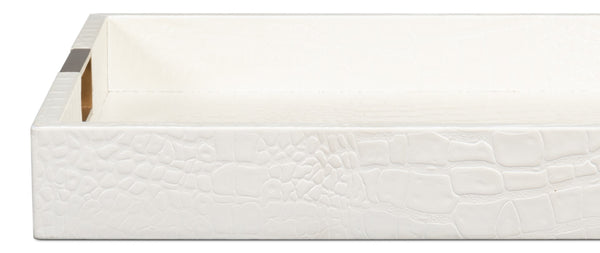 Sarreid Norton Croco Leather Tray In Elegant Pearl Finish - Stylish Wood, Brass, And Steel Accents Ivory  54014-2