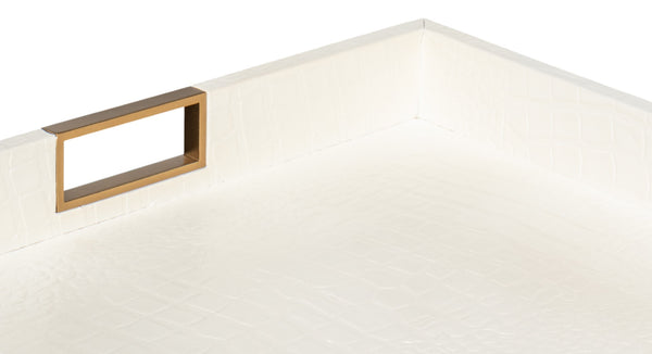 Sarreid Norton Croco Leather Tray In Elegant Pearl Finish - Stylish Wood, Brass, And Steel Accents Ivory  54014-2