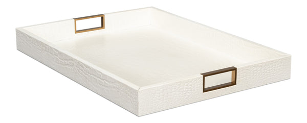 Sarreid Norton Croco Leather Tray In Elegant Pearl Finish - Stylish Wood, Brass, And Steel Accents Ivory  54014-2
