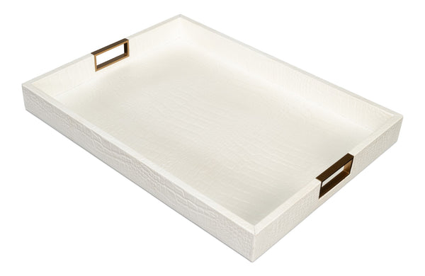 Sarreid Norton Croco Leather Tray In Elegant Pearl Finish - Stylish Wood, Brass, And Steel Accents Ivory  54014-2