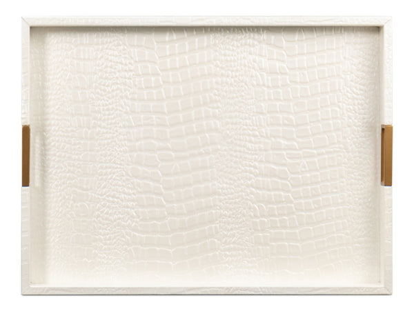 Sarreid Norton Croco Leather Tray In Elegant Pearl Finish - Stylish Wood, Brass, And Steel Accents Ivory  54014-2