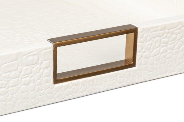 Sarreid Norton Croco Leather Tray In Elegant Pearl Finish - Stylish Wood, Brass, And Steel Accents Ivory  54014-2